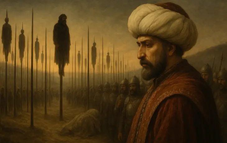 Fatih Sultan Mehmet’in, Târgovişte yakınlarında Vlad Tepeş’in kurdurduğu kazıklı ormanı incelediği, arka planda yüzlerce kazığa oturtulmuş kurbanın göründüğü karanlık ve ürpertici sahne.